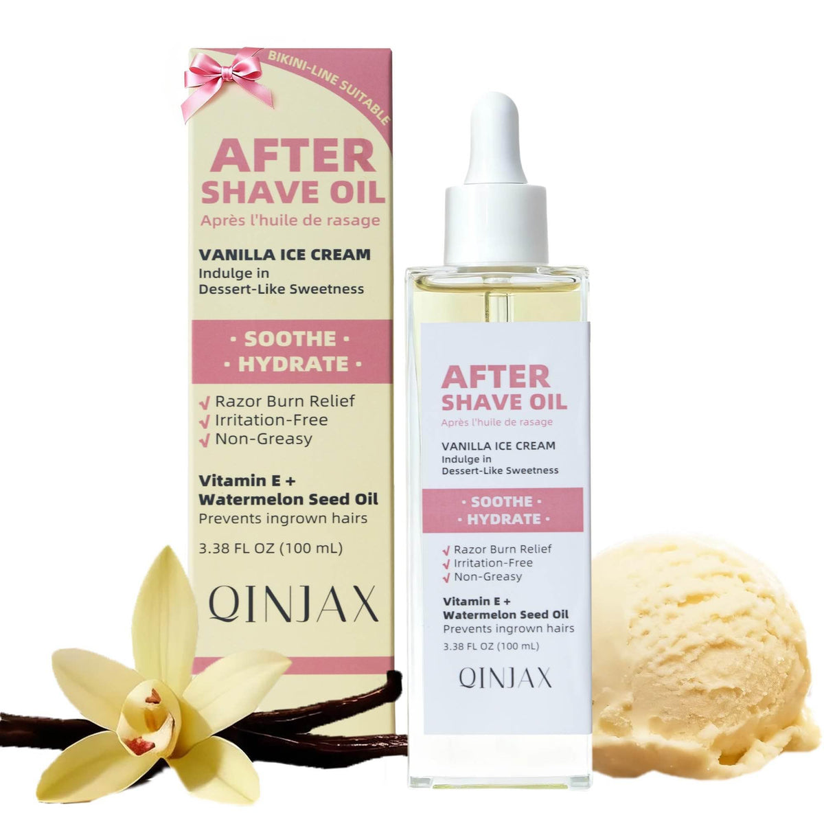 QINJAX Aceite After Shave con aroma vainilla helada para piel suave tras el afeitado.