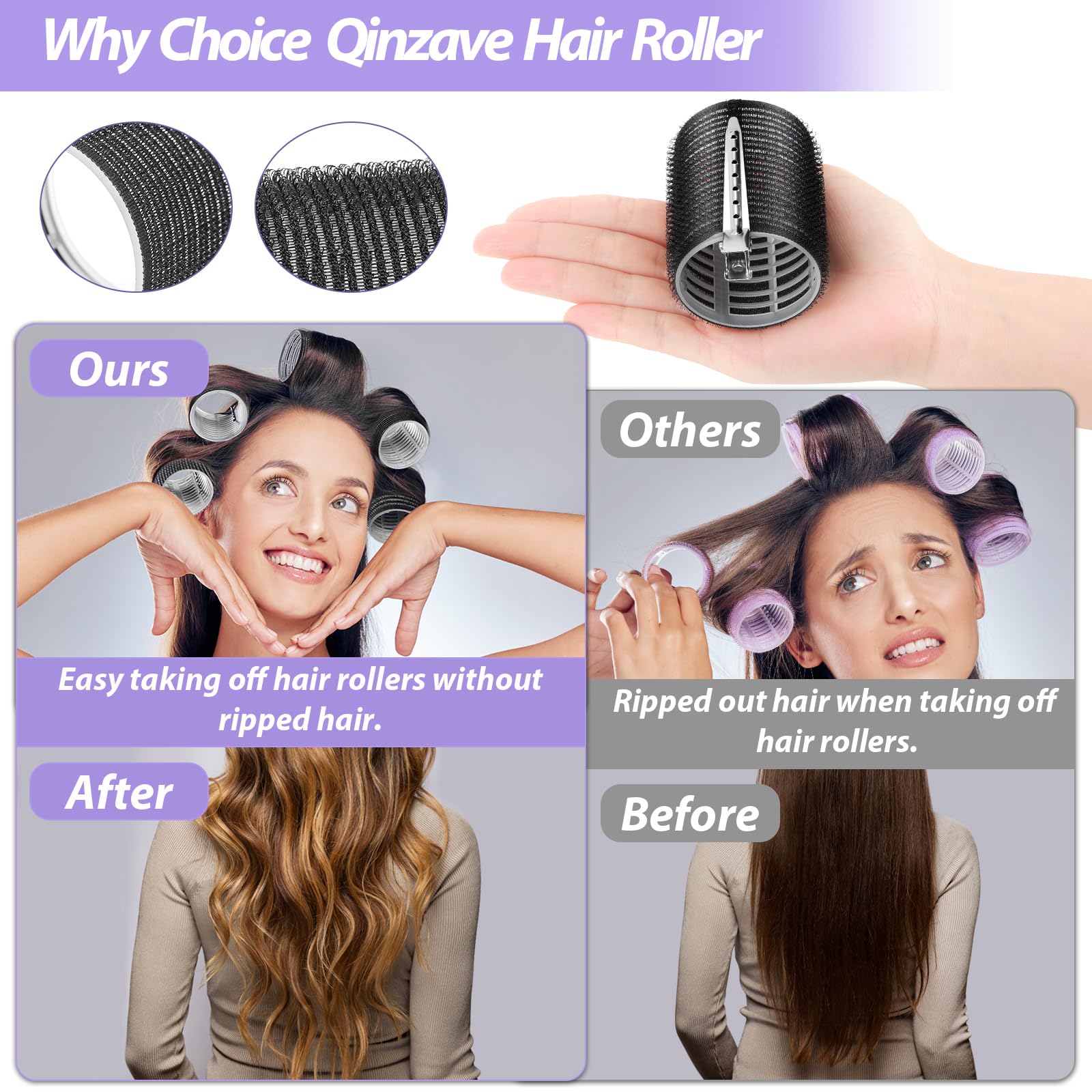 Qinzave self-grip rollers in action showing effortless removal and curl release