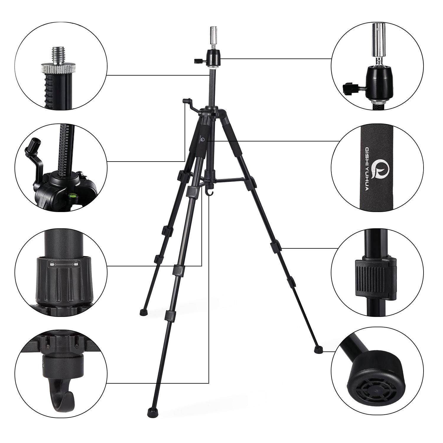 QISHI YUHUA wig stand tripod height adjustment for precise positioning