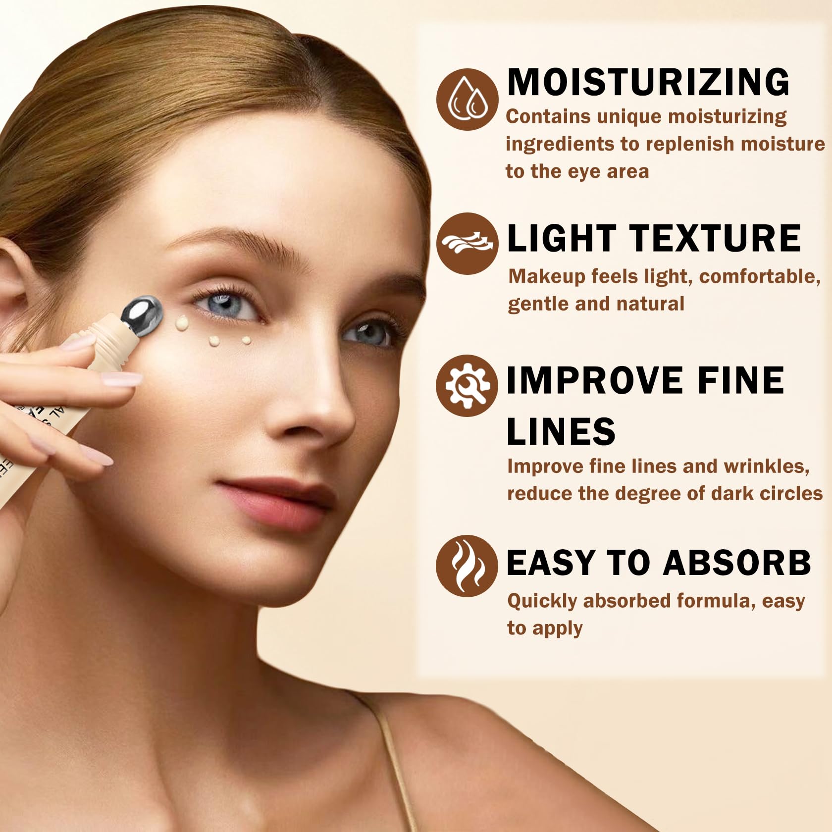 Concealer-like brightening from QIUFSSE eye cream enhances skin tone.