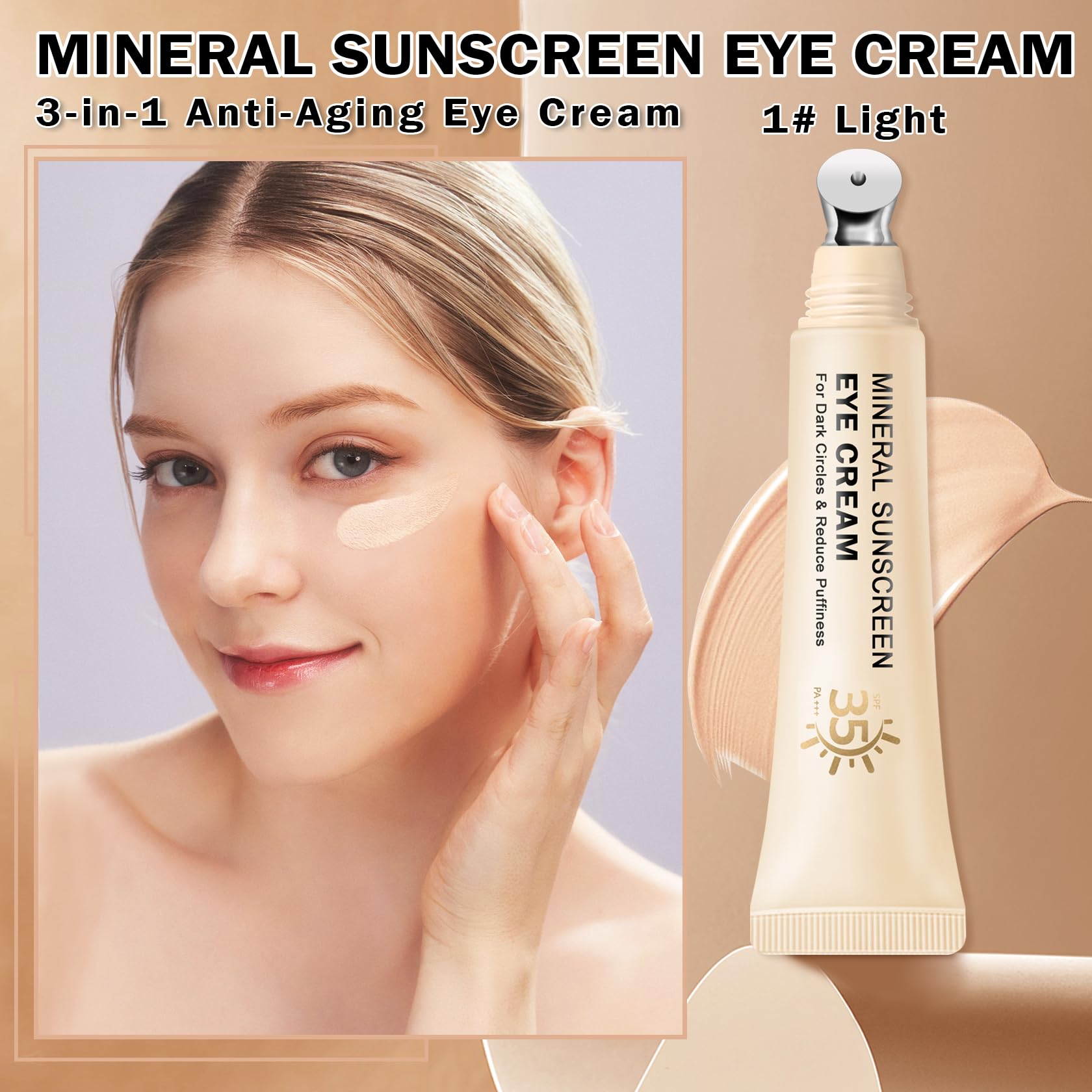 Close-up of the applicator applying QIUFSSE eye cream around the eye area.