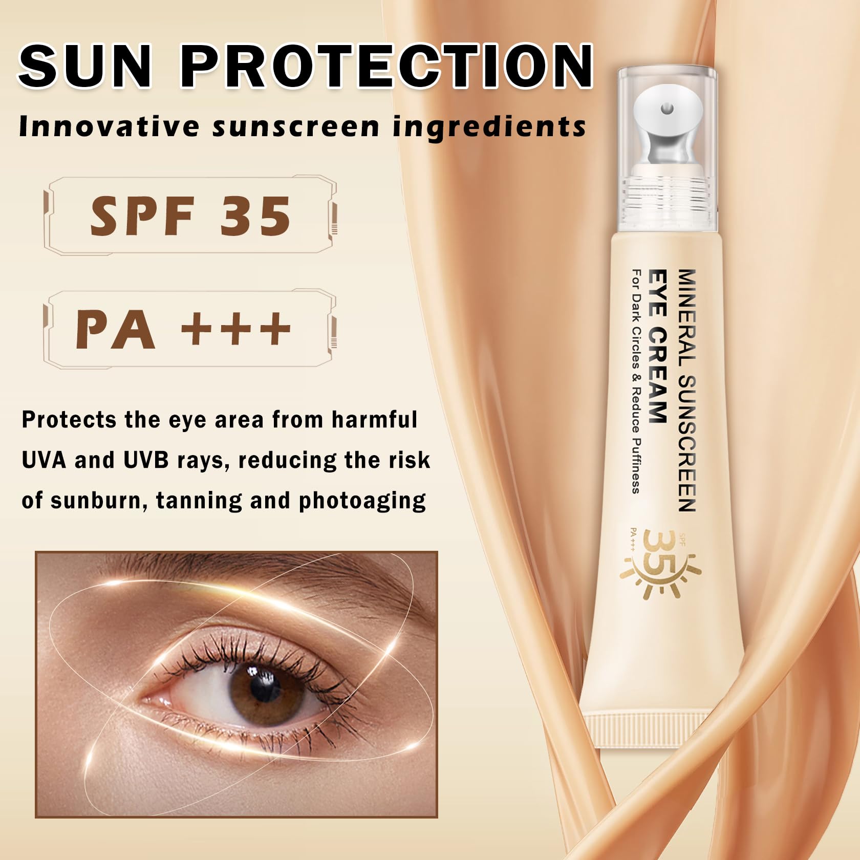 Under-eye puffiness visible while applying QIUFSSE eye cream for refresh.