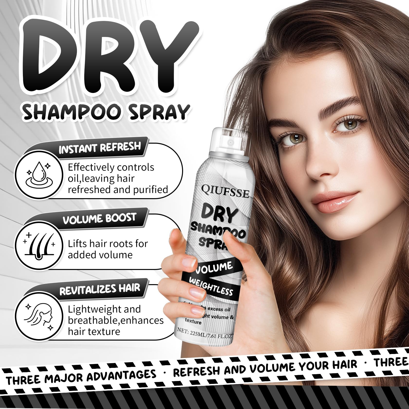 QIUFSSE dry shampoo spray applied to roots for instant oil absorption