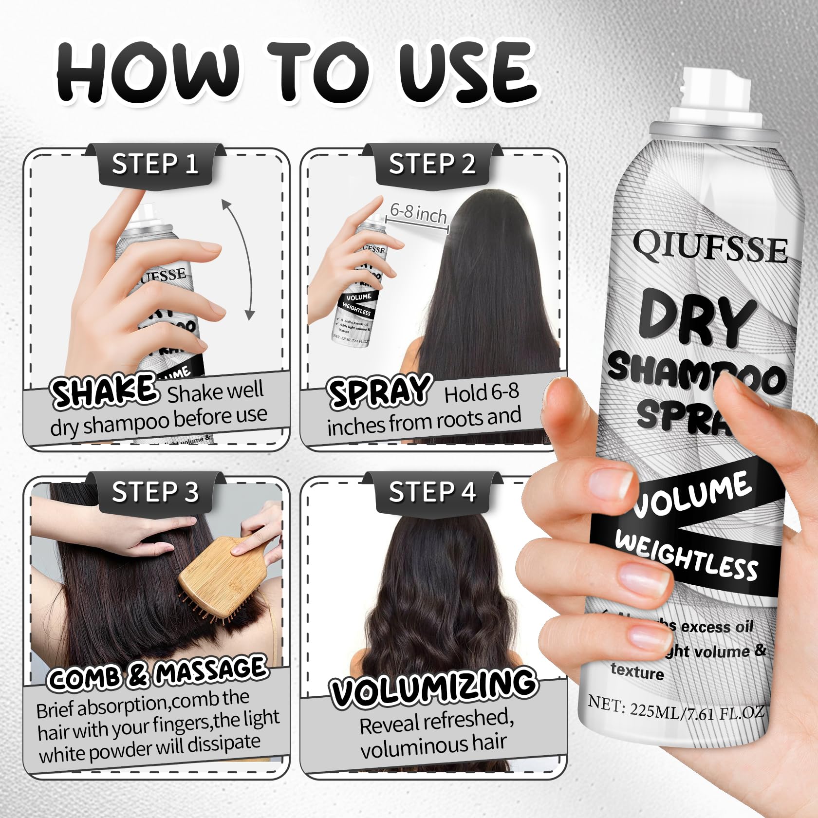 QIUFSSE dry shampoo packaging highlights vegan and cruelty-free formula