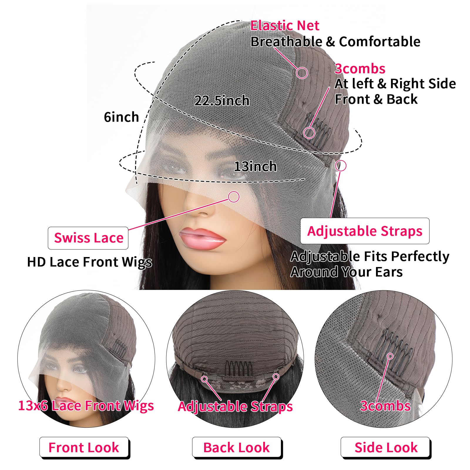 QKOQKO glueless cap with adjustable straps ensures a secure fit.