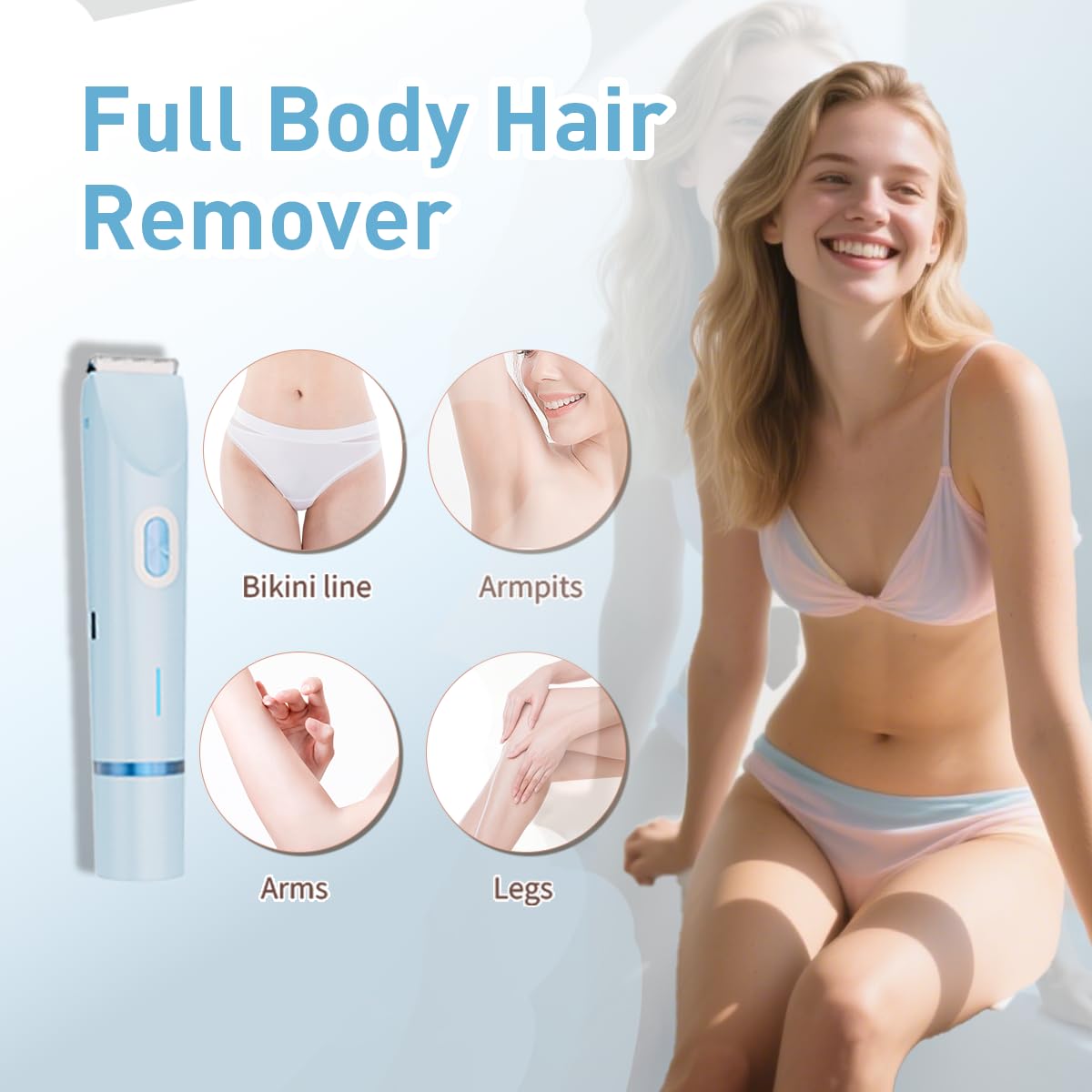 QLWQ serrated top blade removes longer body hair with controlled precision.