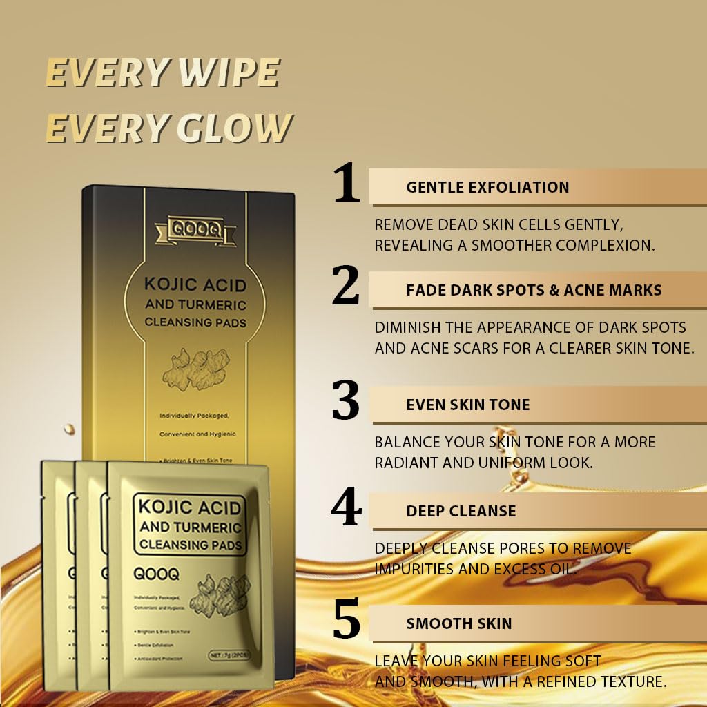 QOOQ pad close-up showing exfoliation with turmeric-kojic-acid for gentle cleansing.