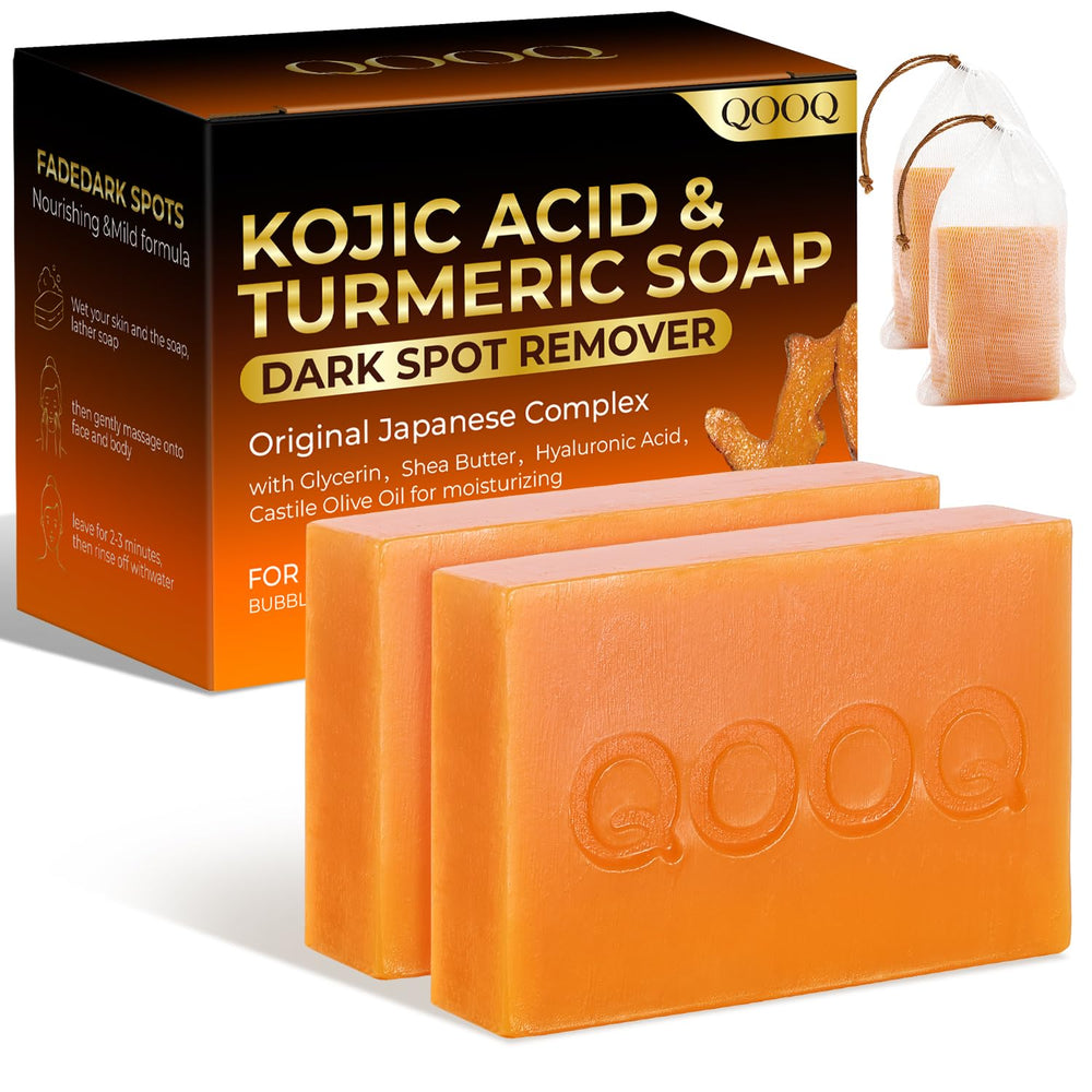 QOOQ turmeric kojic acid soap packaging for daily cleansing and premium ingredients.