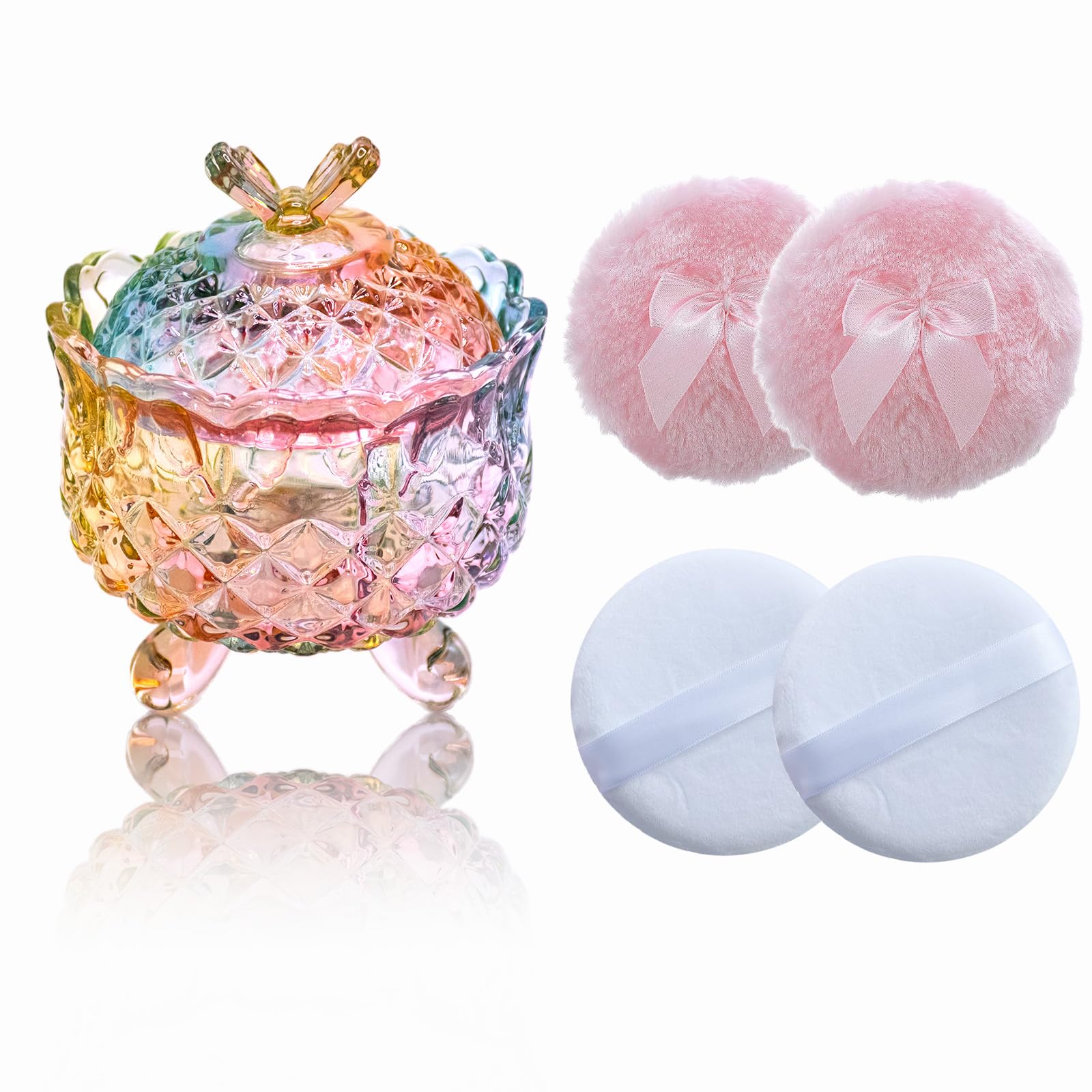Qopoto butterfly crystal container with powder puff for organized vanity storage