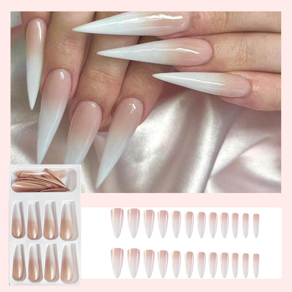 QQPPOLIU acabado brillante uñas estileto rosado-blanco para estilo elegante diario.