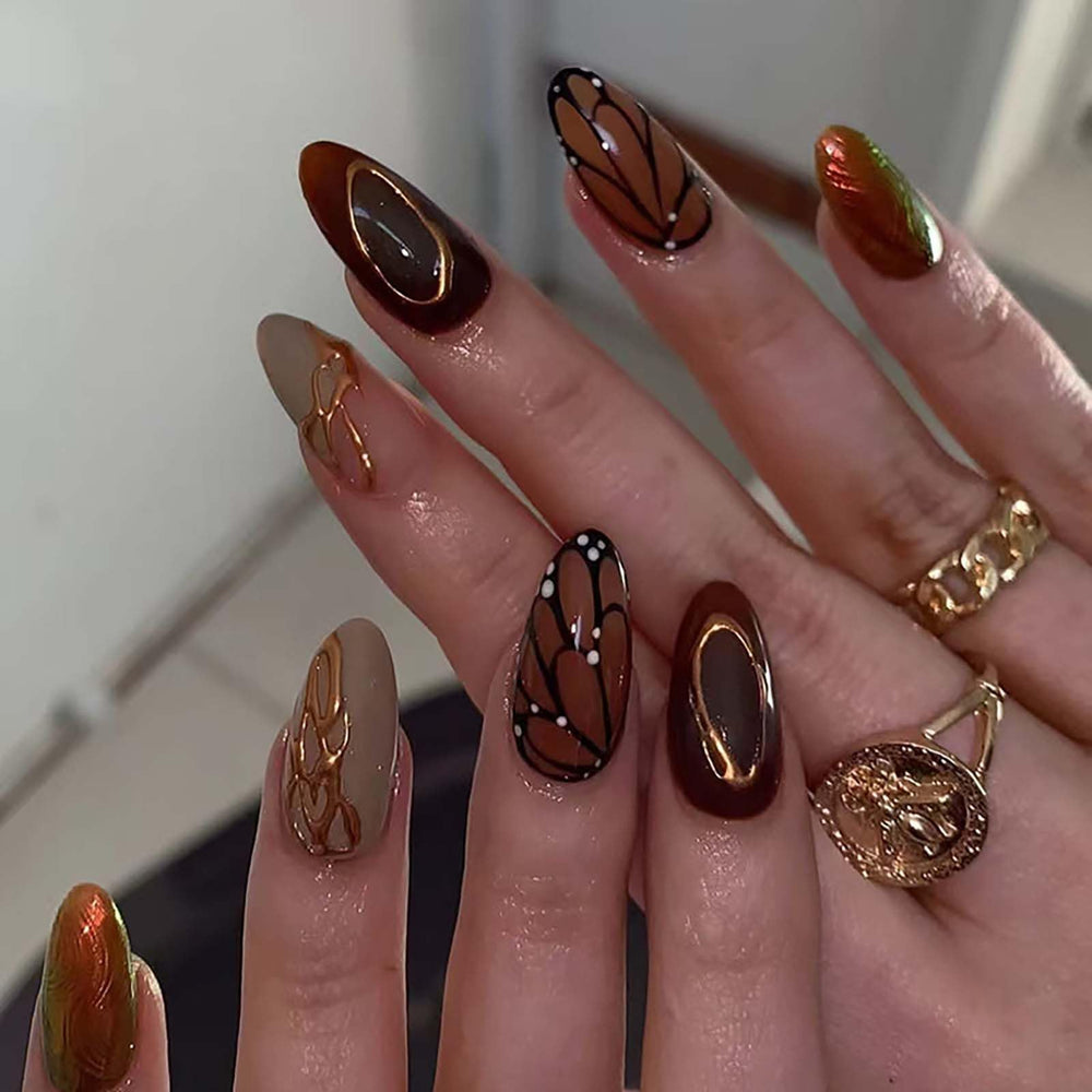 QQPPOLIU uñas postizas medio almendra con mariposa y rayas para eventos