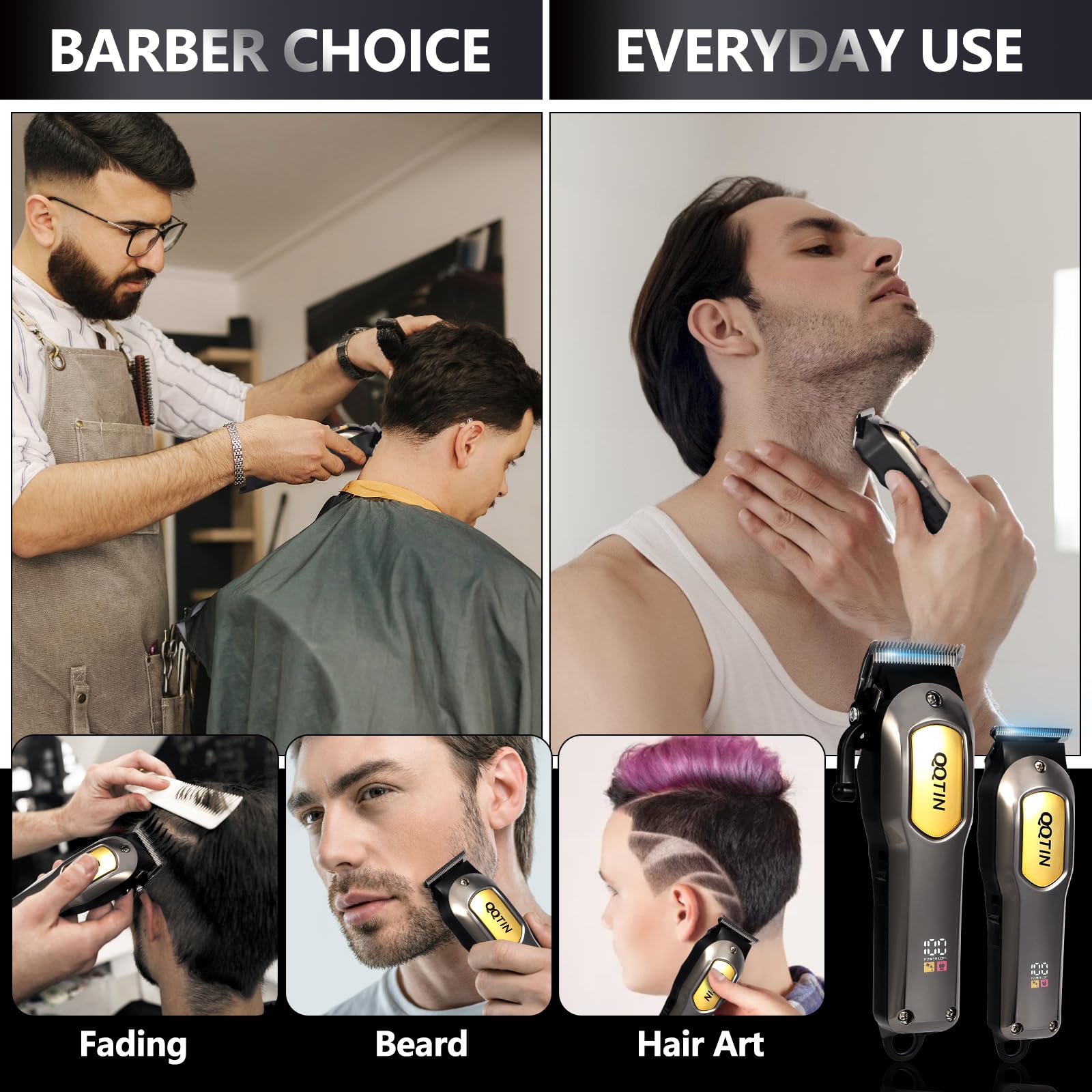 QQTIN hair clippers cordless and corded versatility for flexible grooming.