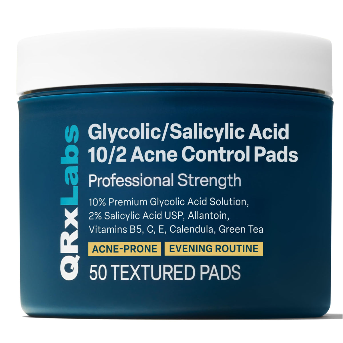 QRxLabs bottle of exfoliating pads for daily acne care and gentle exfoliation.