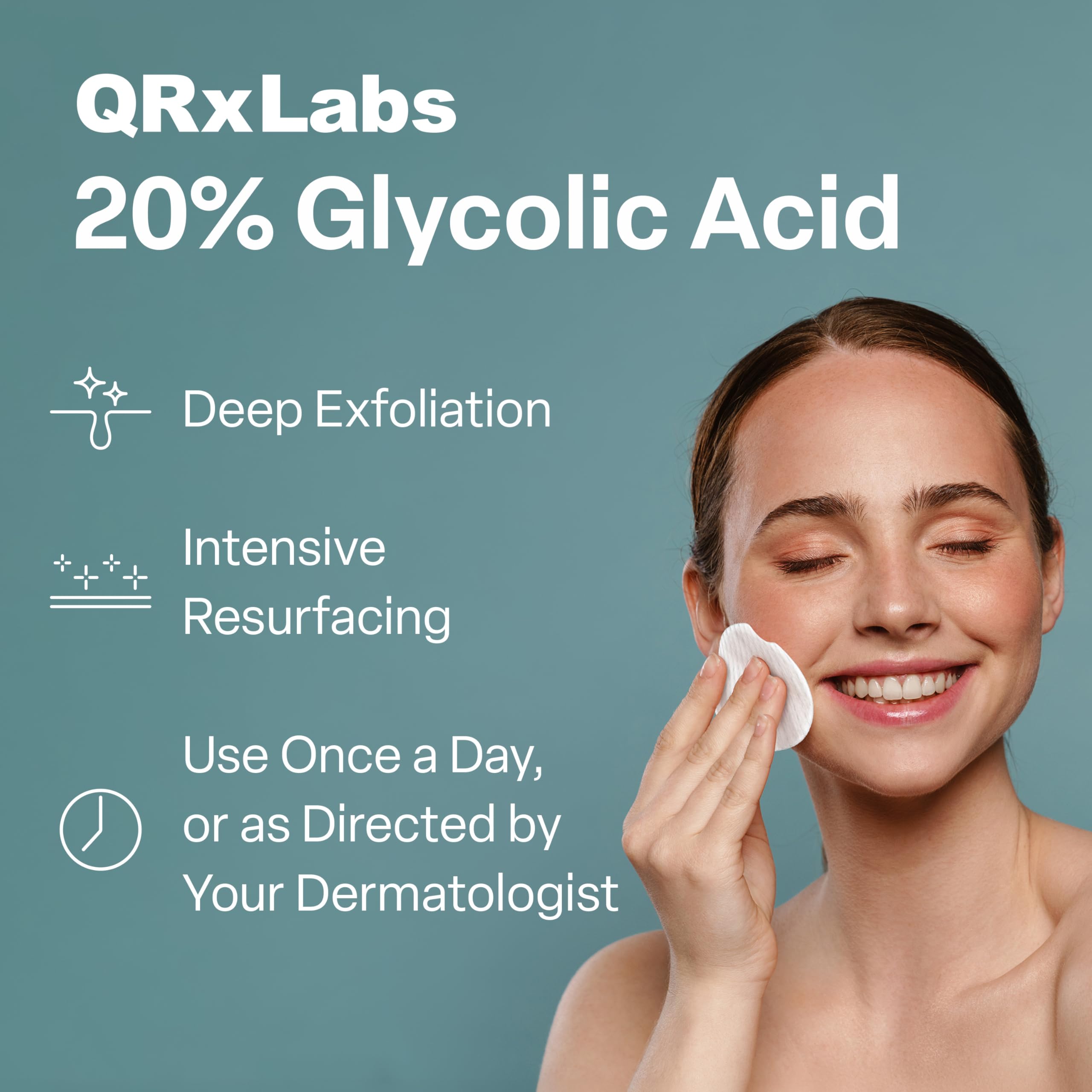 QRxLabs Glycolic Pads 50ct packaging displayed for convenient daily exfoliation