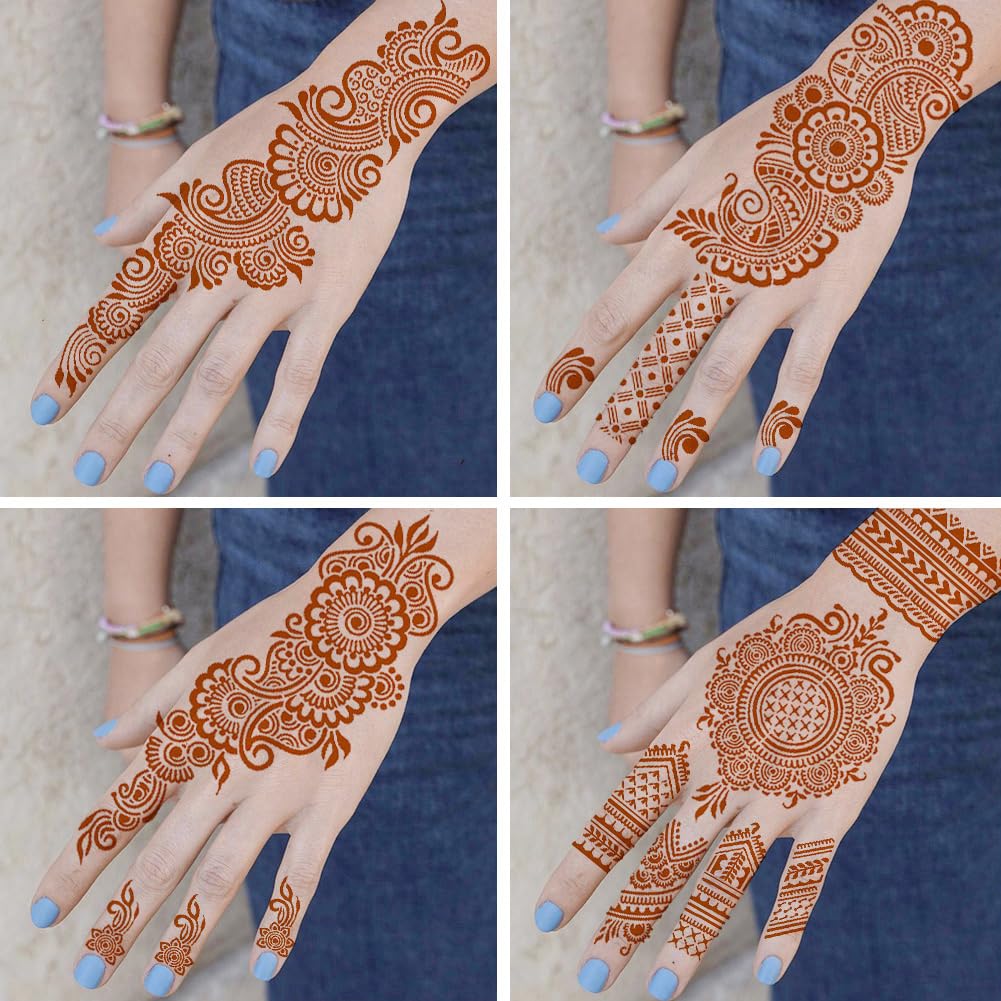 QSTOHENA henna stencil sheets on skin-ready surface for quick, repeatable patterns.