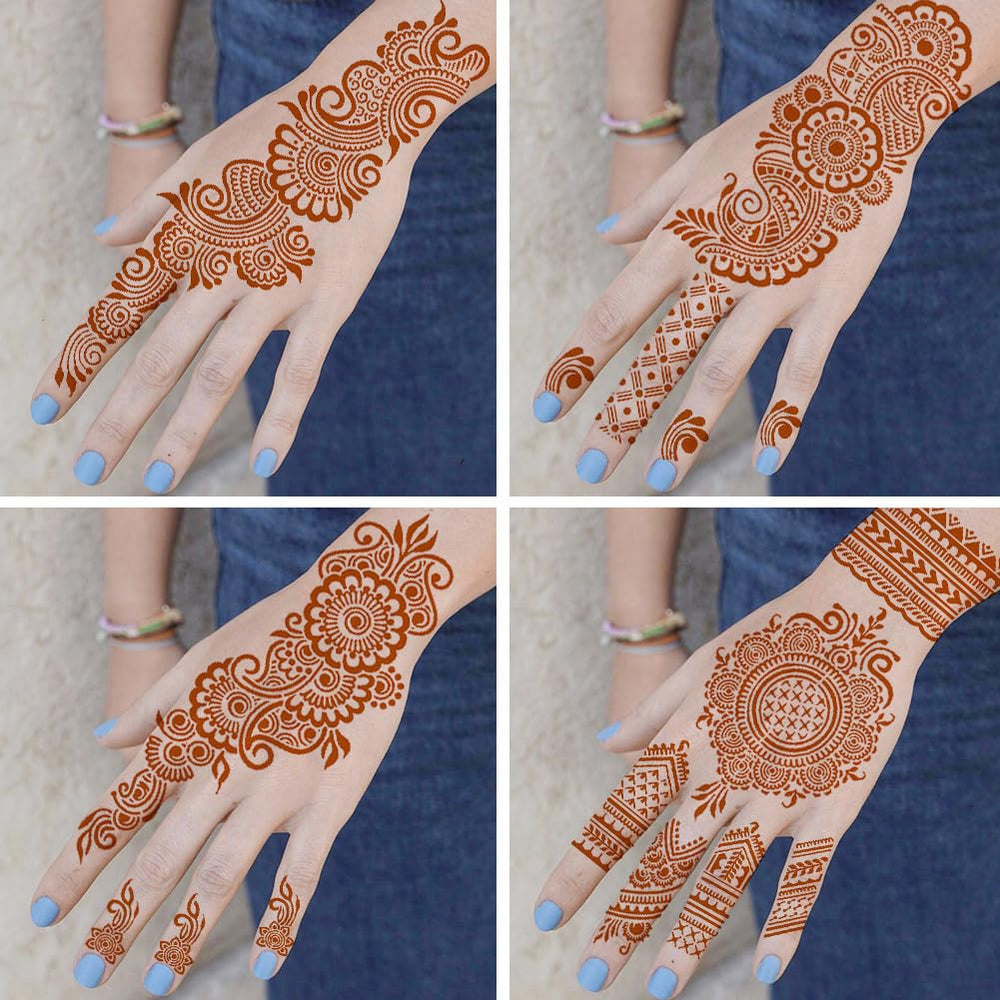 QSTOHENA henna stencil sheets on skin-ready surface for quick, repeatable patterns.