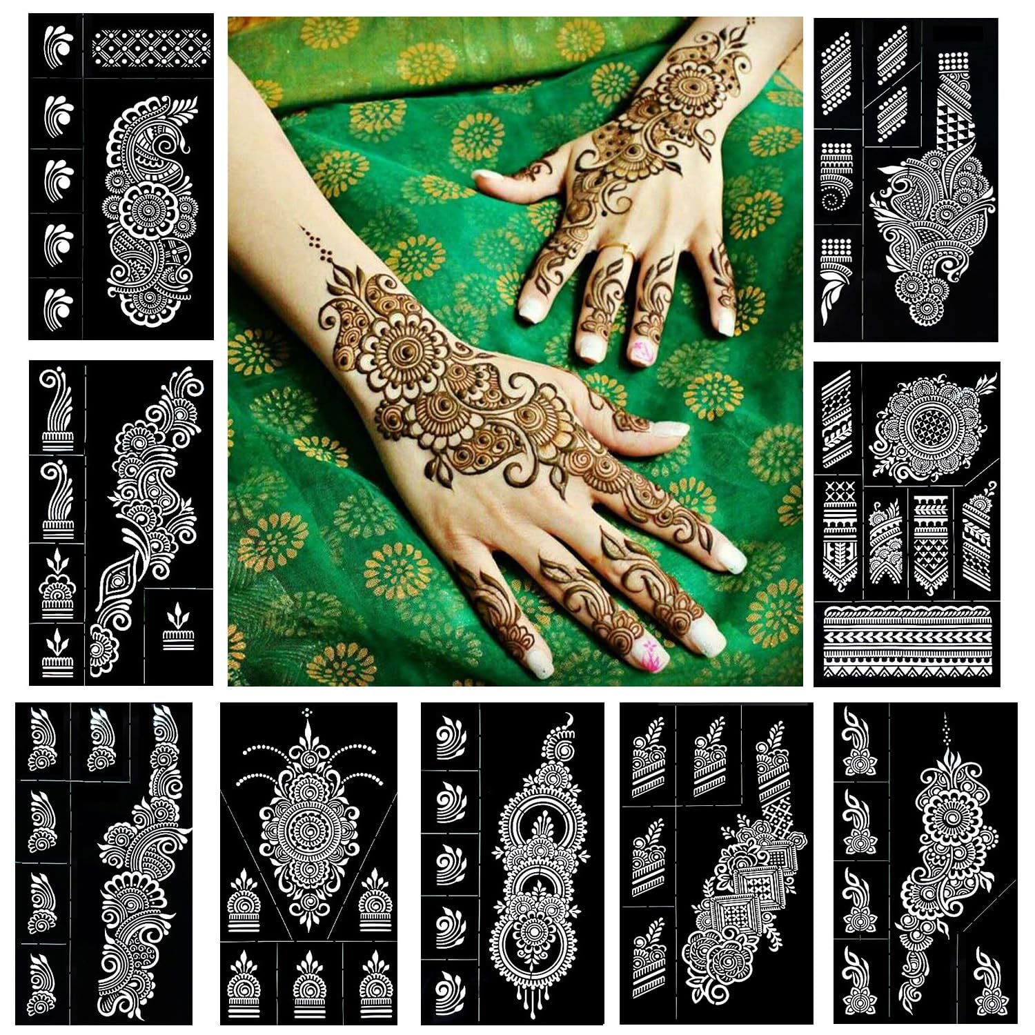 QSTOHENA henna stencil collection for hands and forearms, enabling easy temporary designs.