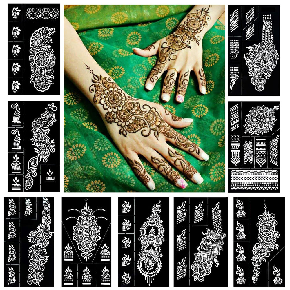 QSTOHENA henna stencil collection for hands and forearms, enabling easy temporary designs.