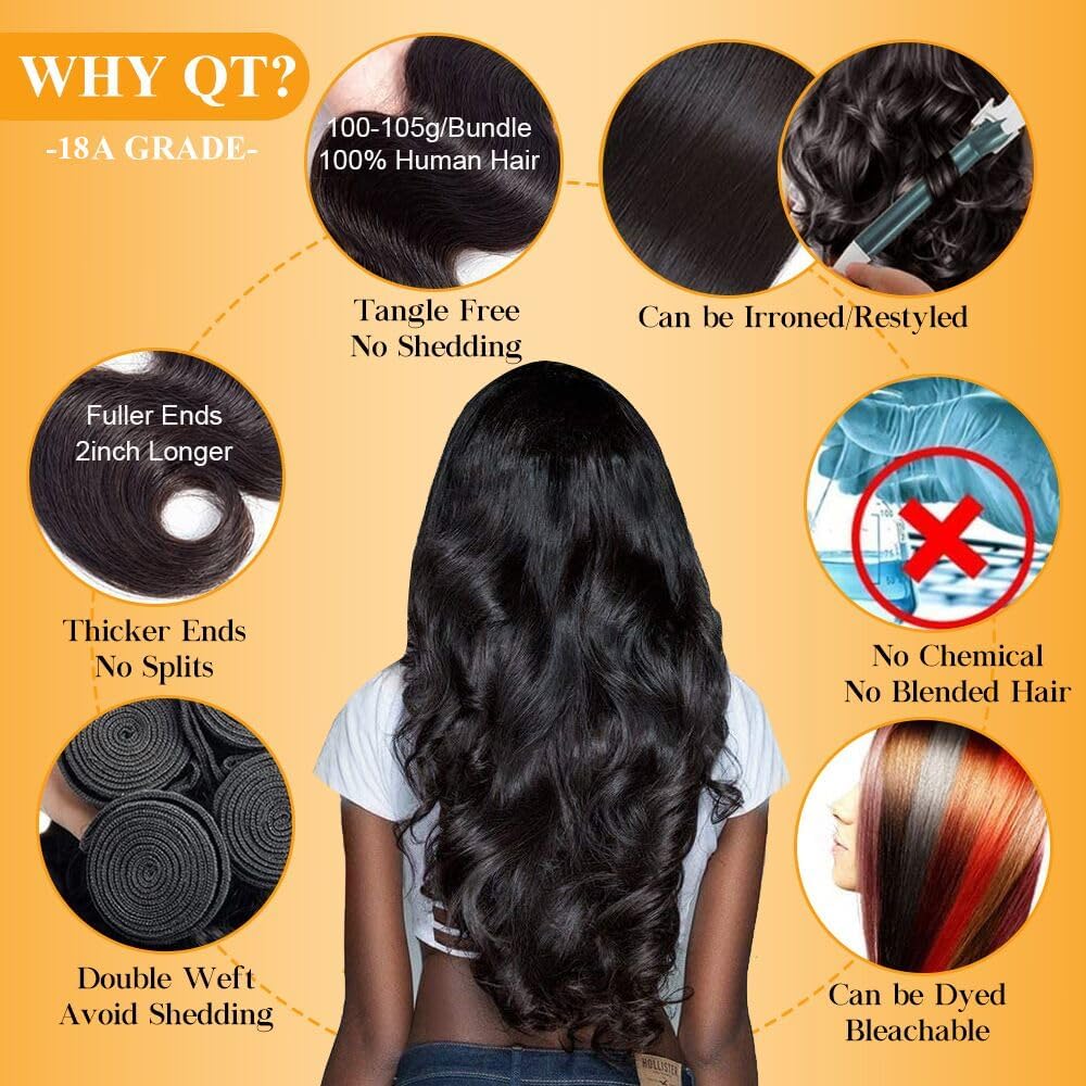 QTHAIR Brazilian body wave bundles, 20-inch length for dramatic length and movement.