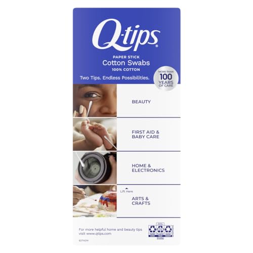 Q-tips Cotton Swabs close-up of 100% cotton tip for gentle application.