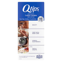 Q-tips Cotton Swabs close-up of 100% cotton tip for gentle application.