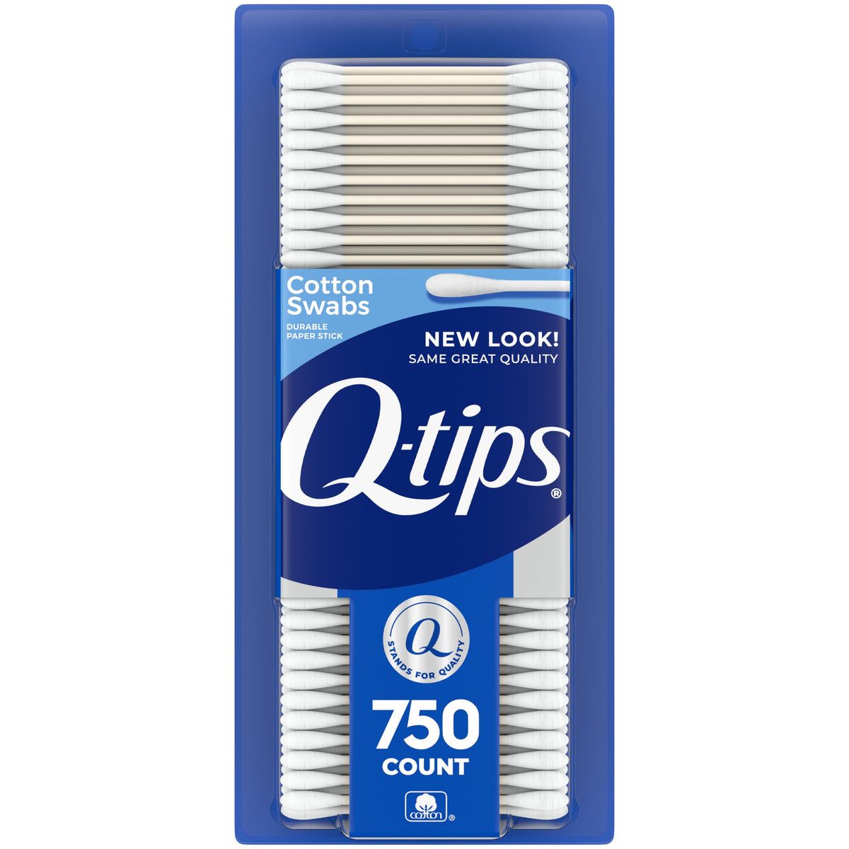 Q-tips Cotton Swabs packaging 750-count, ideal for daily hygiene and beauty routines.
