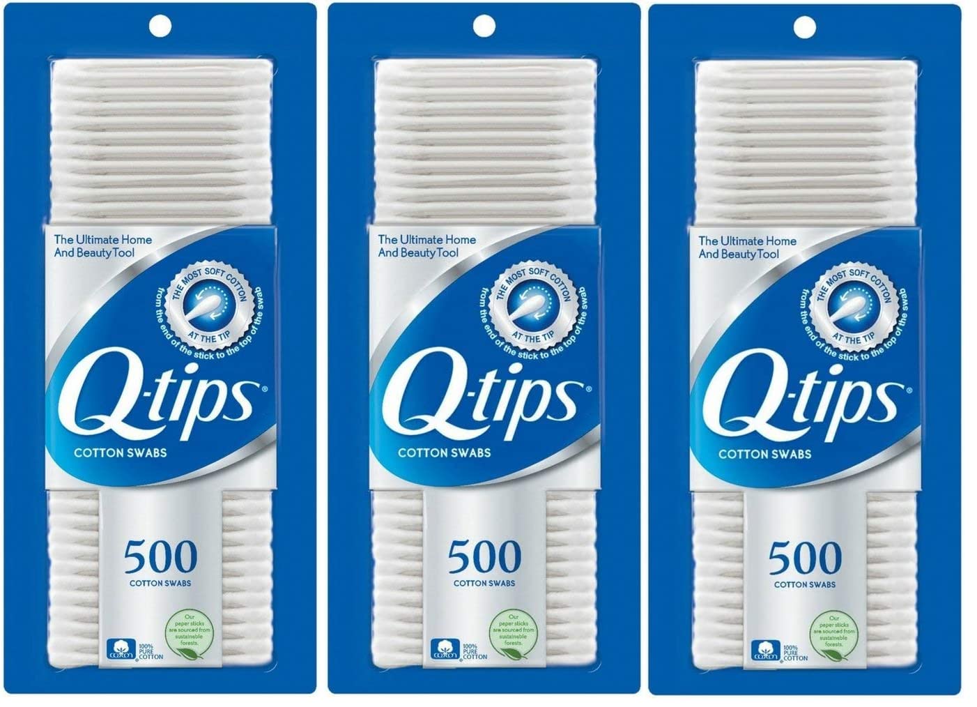 Q-tips cotton swabs box of three for gentle everyday cleaning tasks.