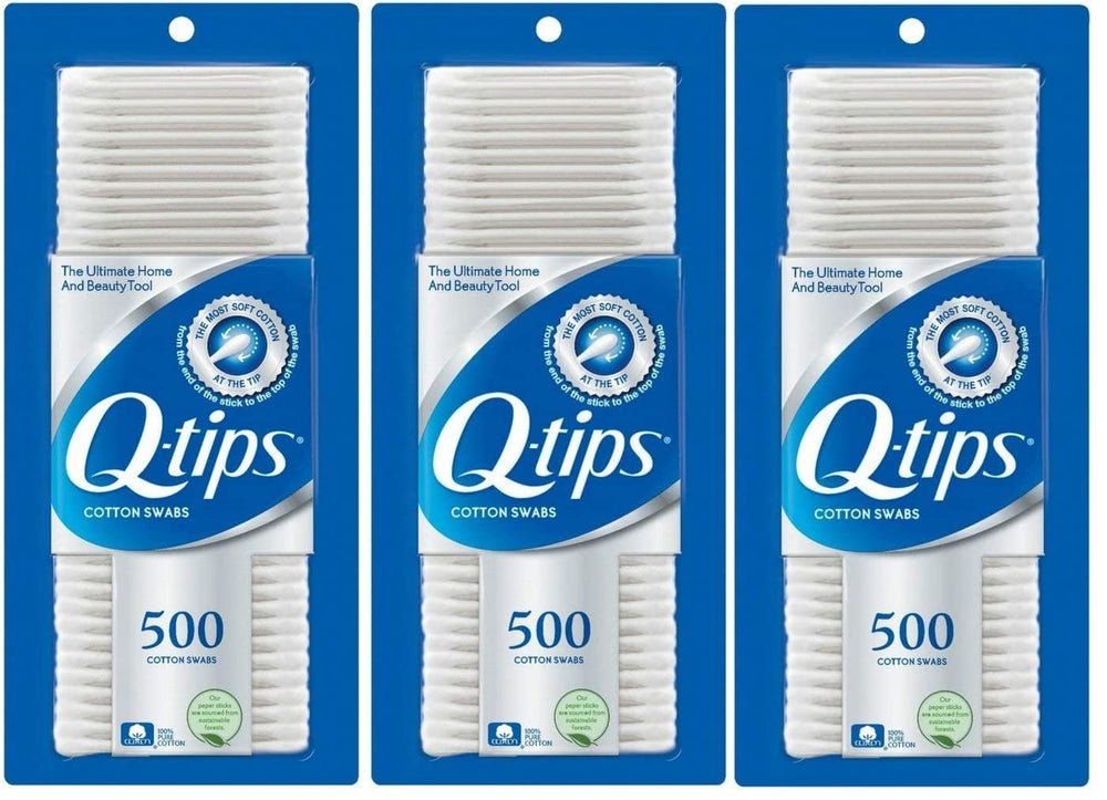 Q-tips cotton swabs box of three for gentle everyday cleaning tasks.