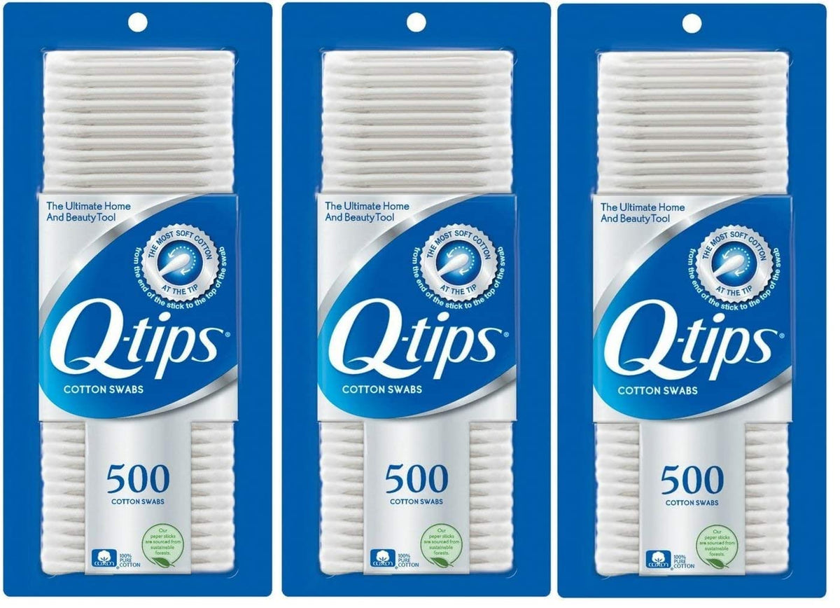 Q-tips cotton swabs box of three for gentle everyday cleaning tasks.