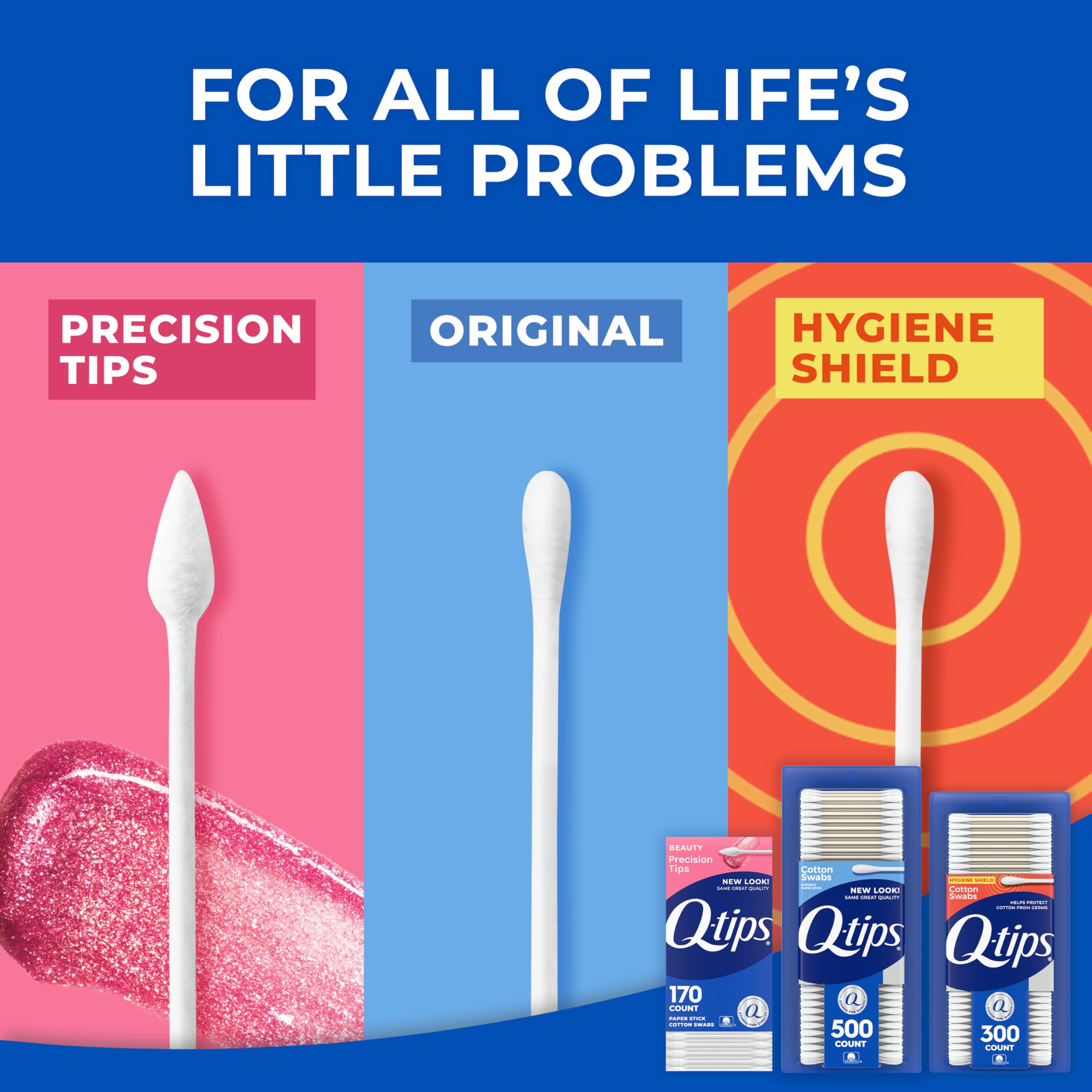 Q-Tips Hygiene Shield close-up highlighting germ-resistant cotton.