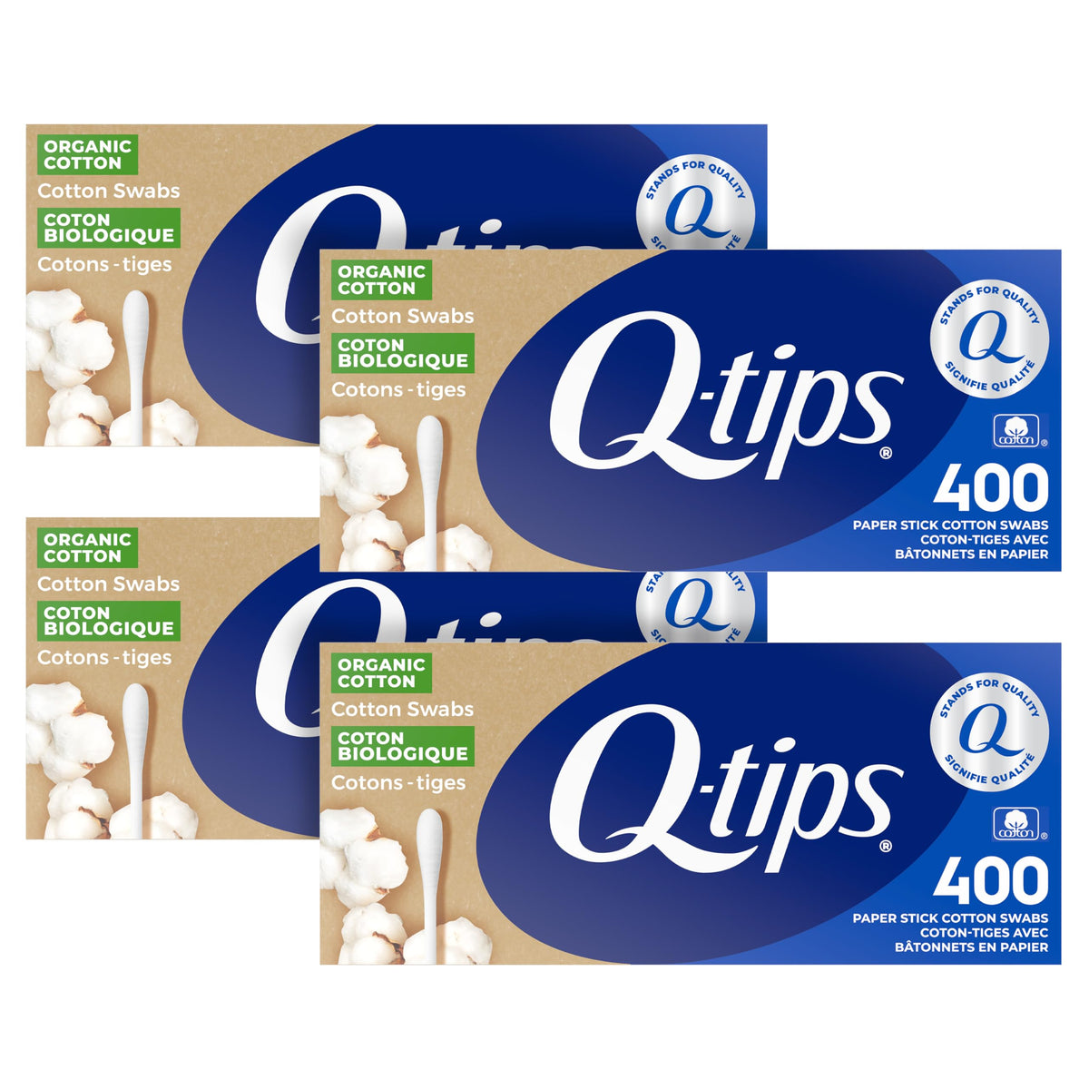 Q-tips Organic Cotton Swabs outer box visible for reliable daily use
