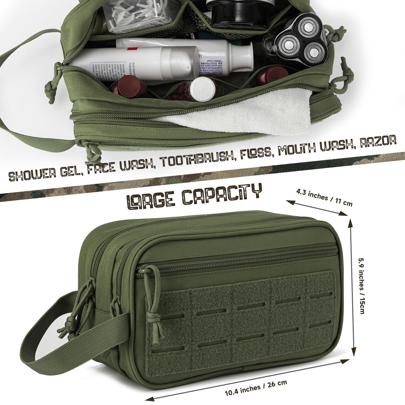 QT&QY tactical bag open compartments, organized storage for shower and grooming items.