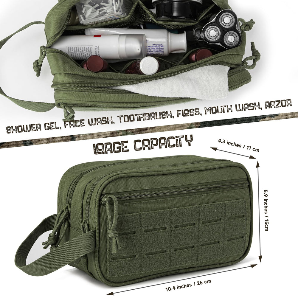QT&QY tactical bag open compartments, organized storage for shower and grooming items.
