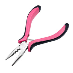 Quacc hair extension pliers pink with 3-hole design for nano and micro ring fitting.