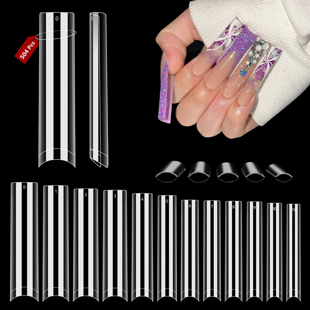 Quaferen clear square nail tips with flat no-C curve for a smooth fit.