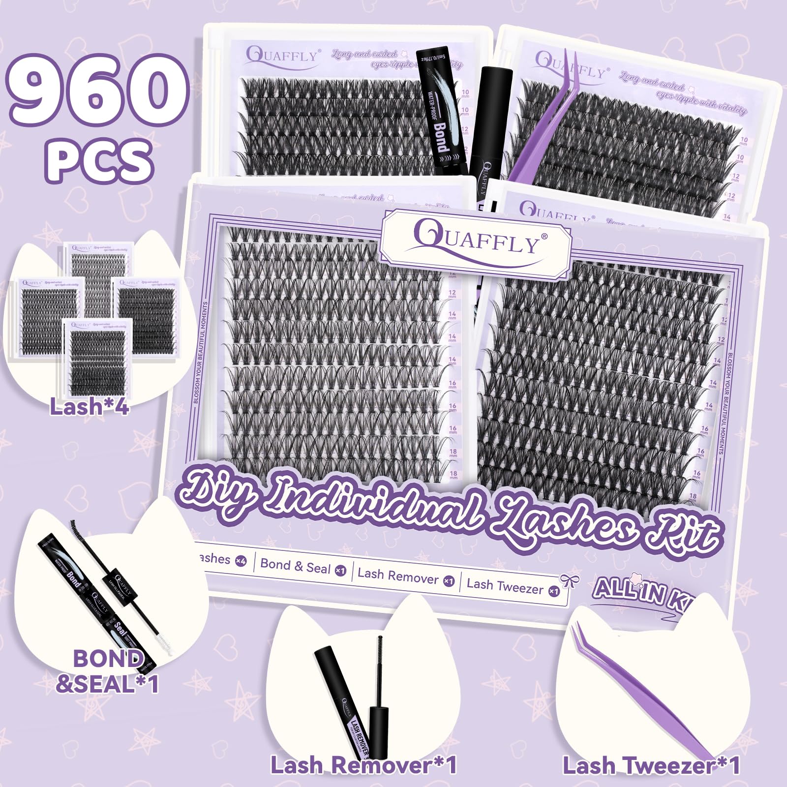 QUAFFLY Lash Extension Kit trays closeup reveals four lash styles for customization