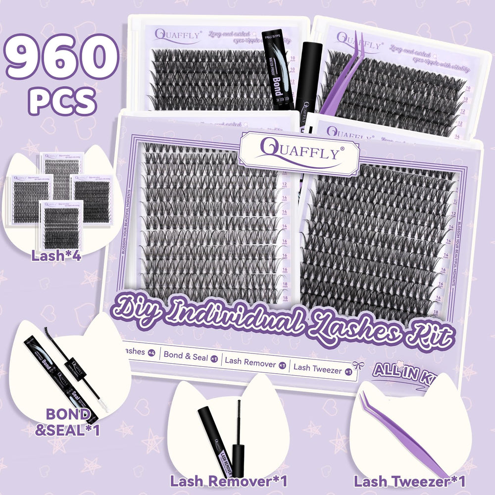 QUAFFLY Lash Extension Kit trays closeup reveals four lash styles for customization