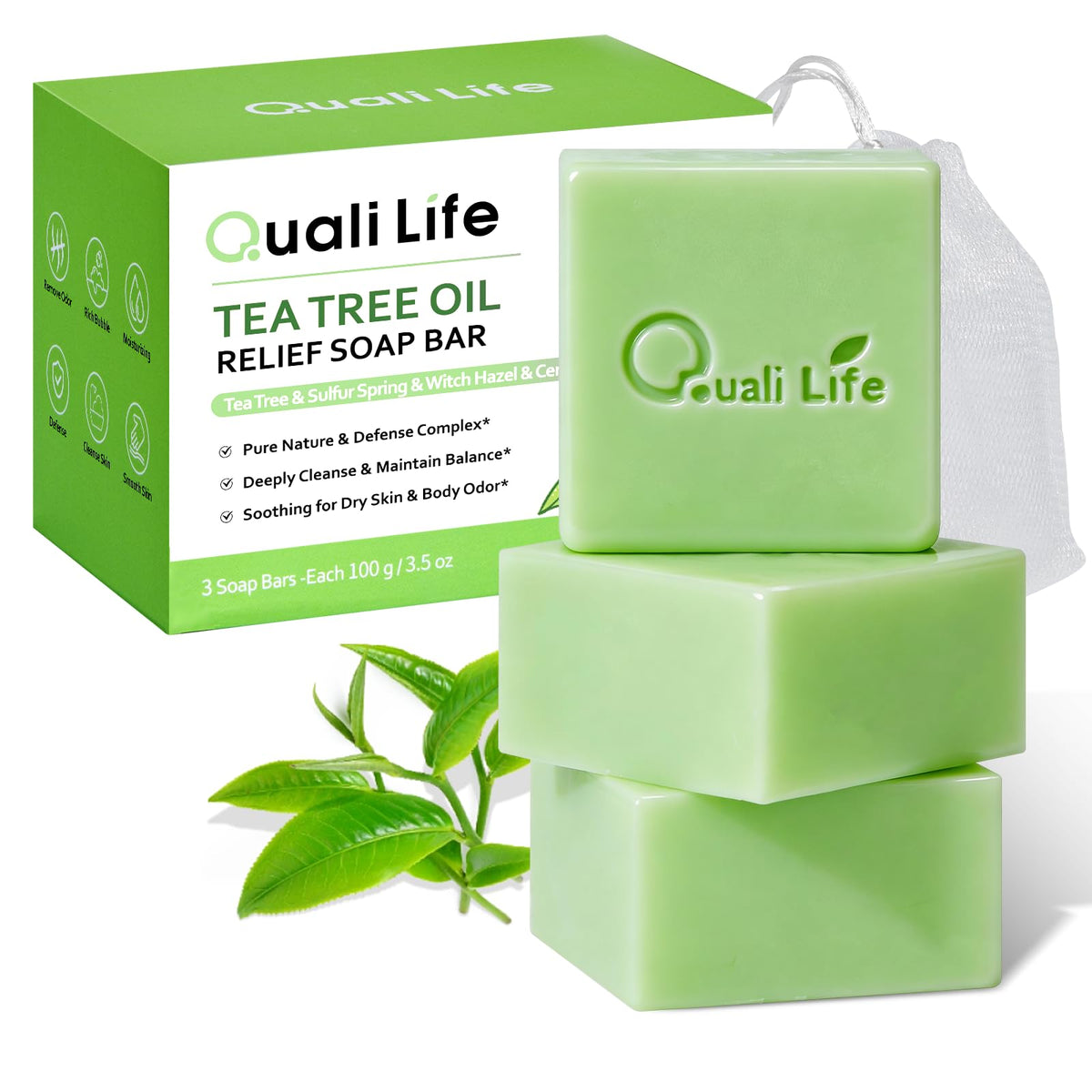 QualiLife jabón árbol de té, barra para uso diario y cuidado de la piel.