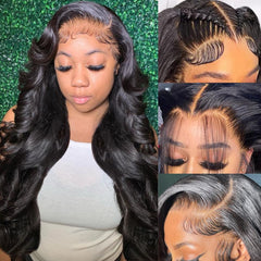 QUANDIAN 28-inch body wave lace front wig with natural movement and full volume.