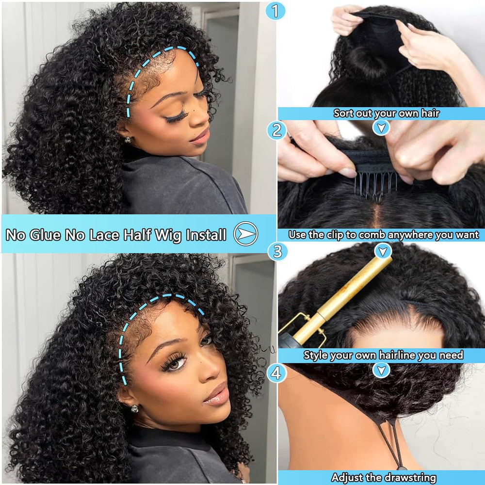 QUANDIAN Kinky Curly Half Wig 20-Inch cap detail highlights breathable, secure, glue-free wear.