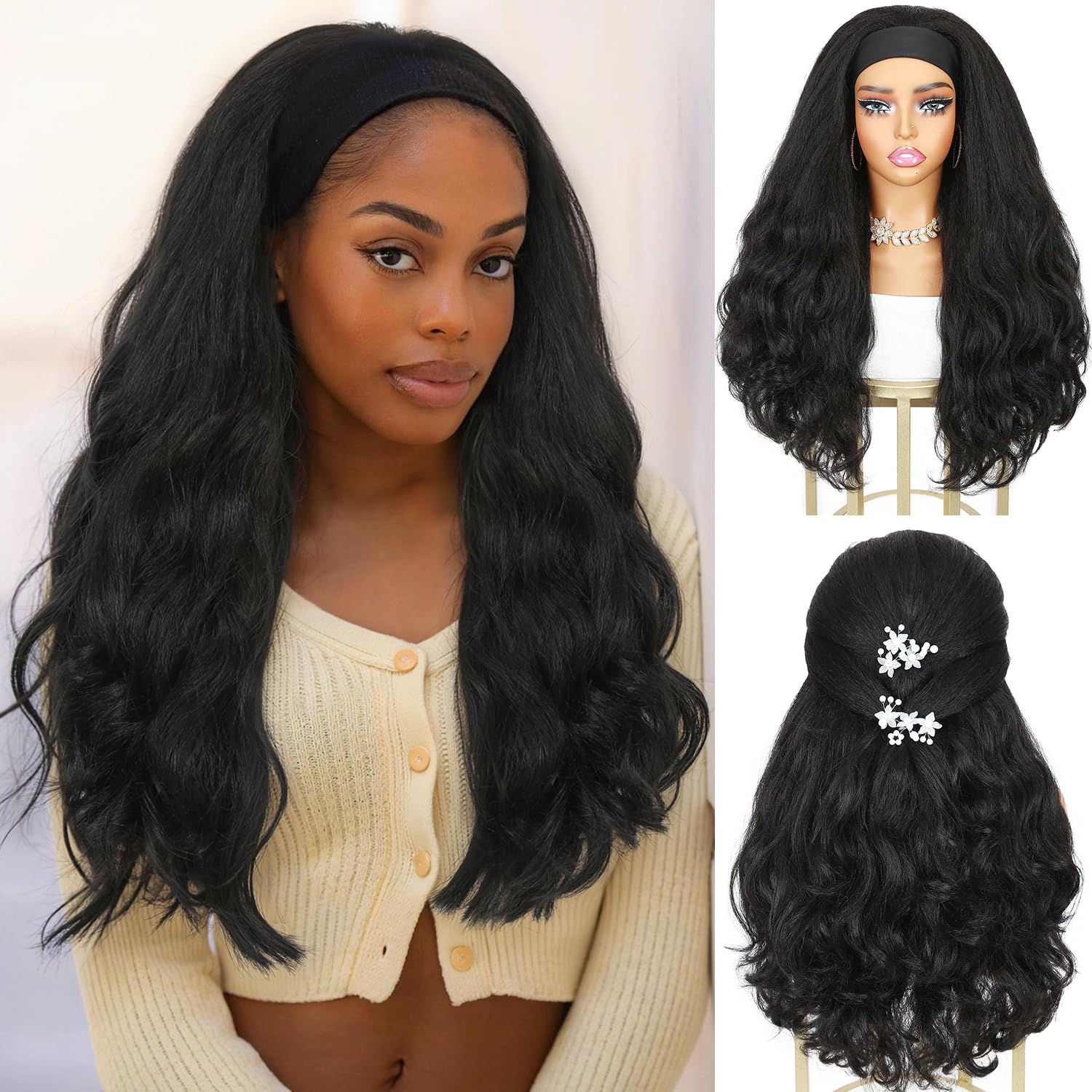 Quantum Love Yaki Curly Headband Wig front view with natural hairline.