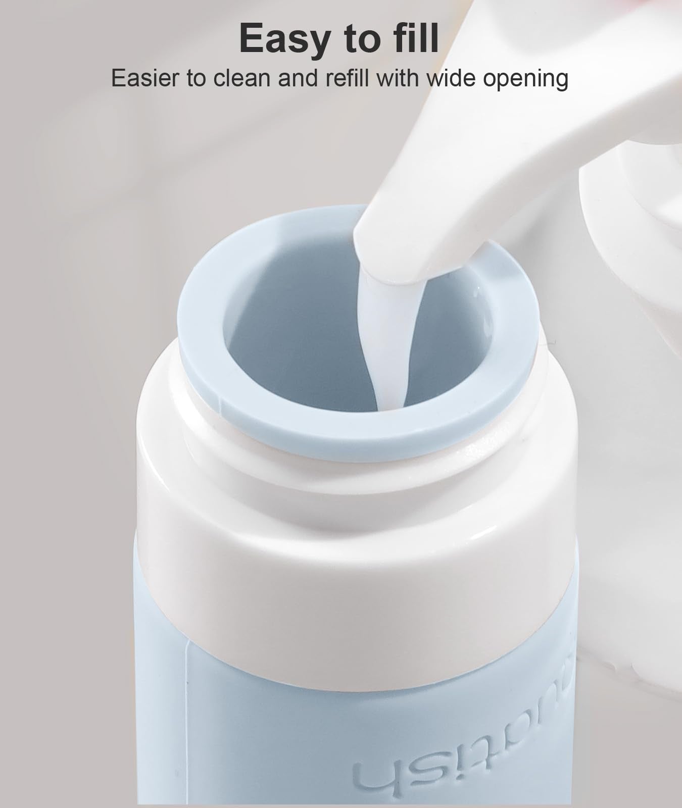Refillable containers with wide openings for quick cleaning and reuse