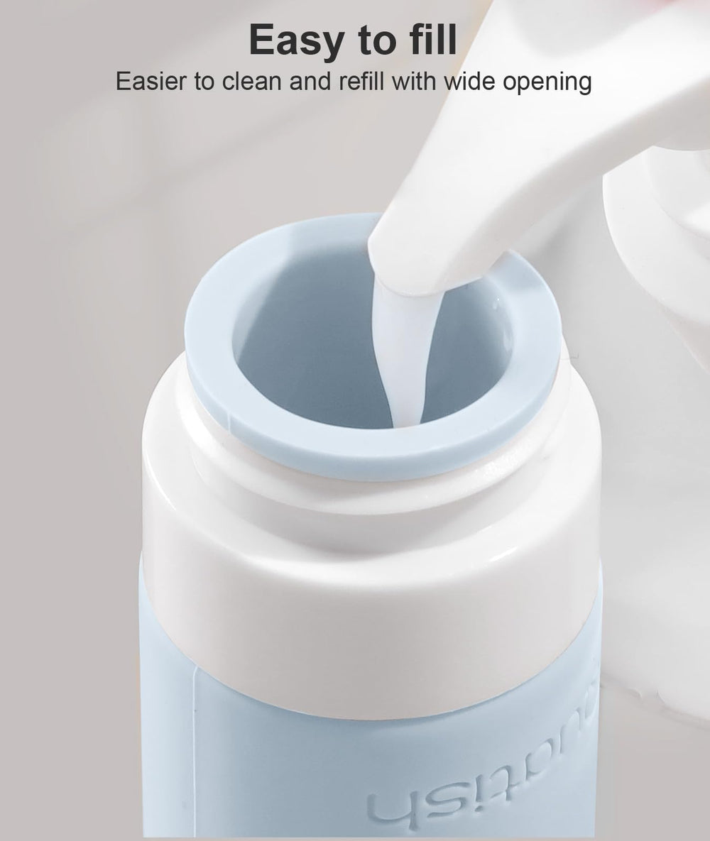 Refillable containers with wide openings for quick cleaning and reuse