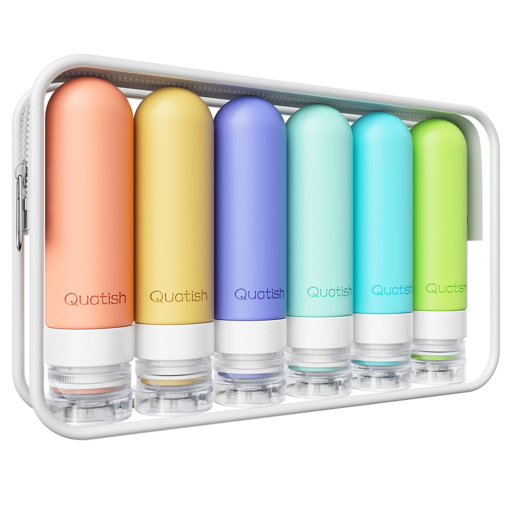 Quatish travel bottles with leakproof lid securing luggage contents.