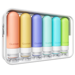 Quatish travel bottles with leakproof lid securing luggage contents.