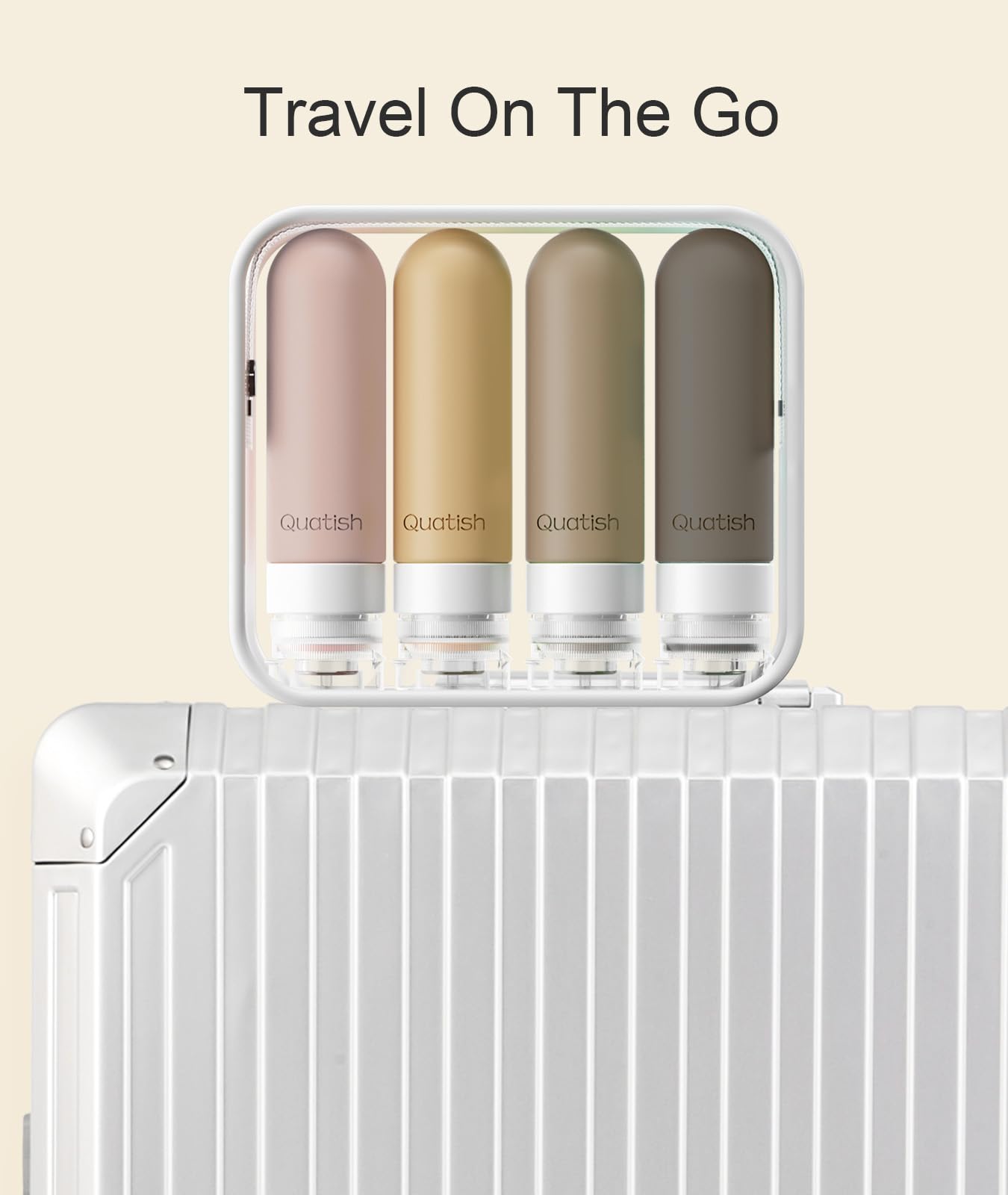 Quatish travel kit fits neatly in luggage for organized packing.