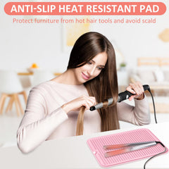 Quccefods mat with hot tools showing stable placement and heat protection