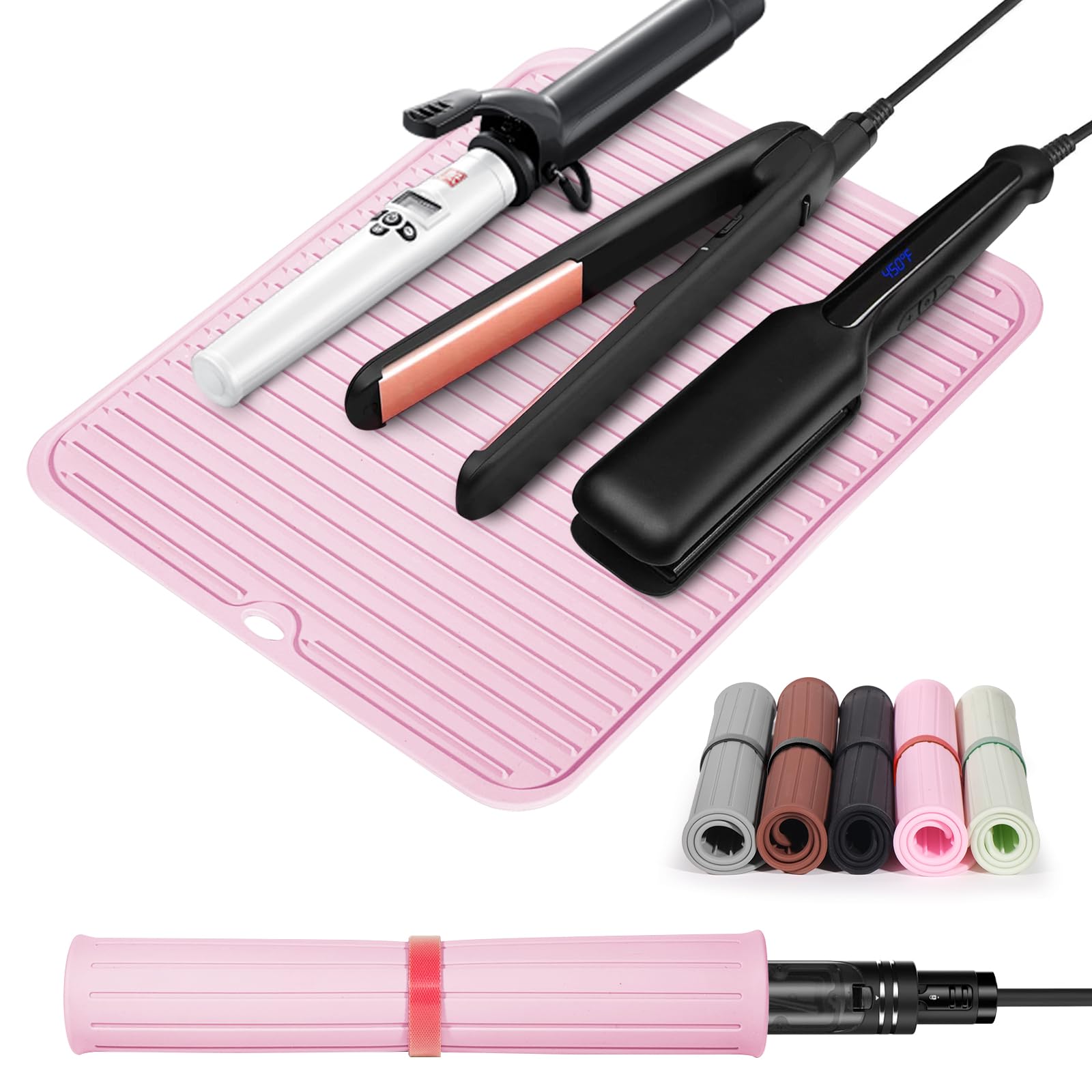 Quccefods large silicone mat under hair tools protecting the countertop and workspace