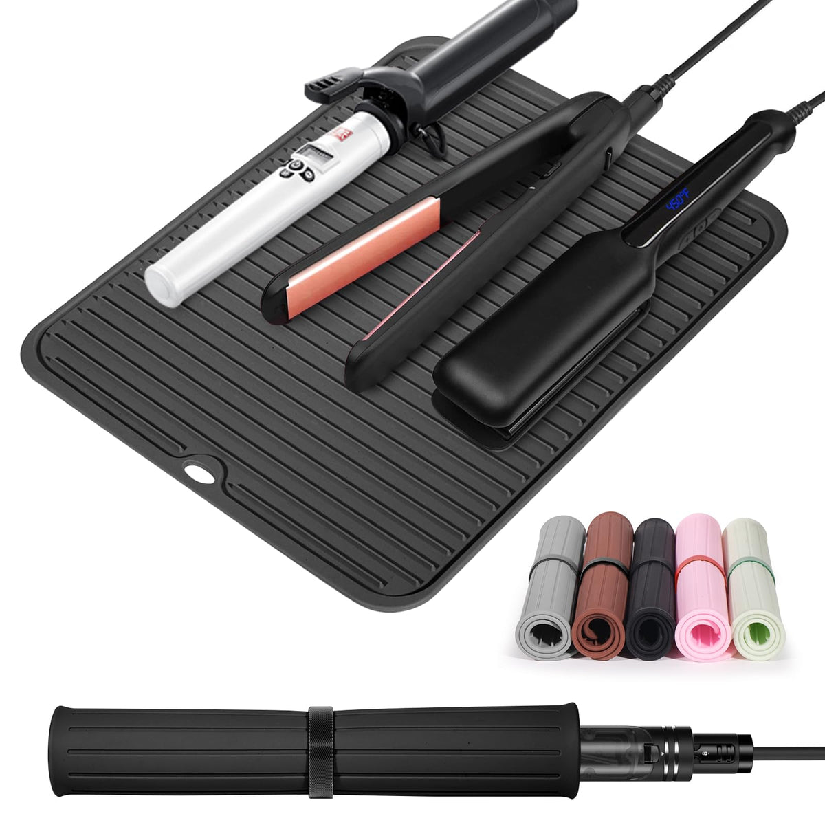 Quccefods large heat-resistant mat laid out with curling iron protecting countertops