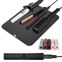 Quccefods large heat-resistant mat laid out with curling iron protecting countertops